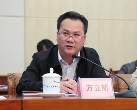 图为区人大代表,凌云县县长方立斯发言.