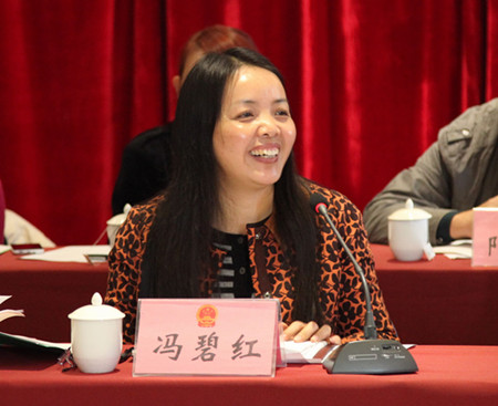 图为全国人大代表,百色高中教务处副主任,中学高级教师冯碧红发言.