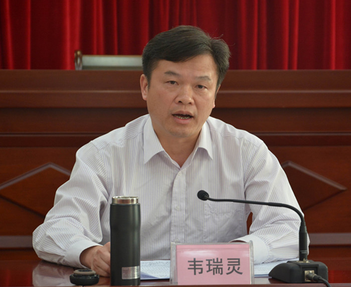 图为市人大常委会副主任,党组副书记韦瑞灵在座谈会上作讲话.