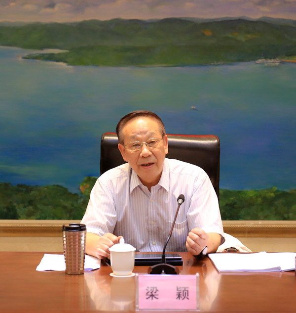 图为自治区人大教科文卫委副主任委员梁颖在会上作讲话.